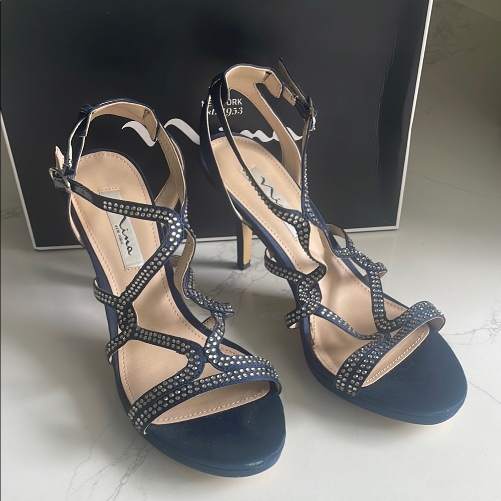 Nina Blue Strappy Heels with Rhinestone Embellishments